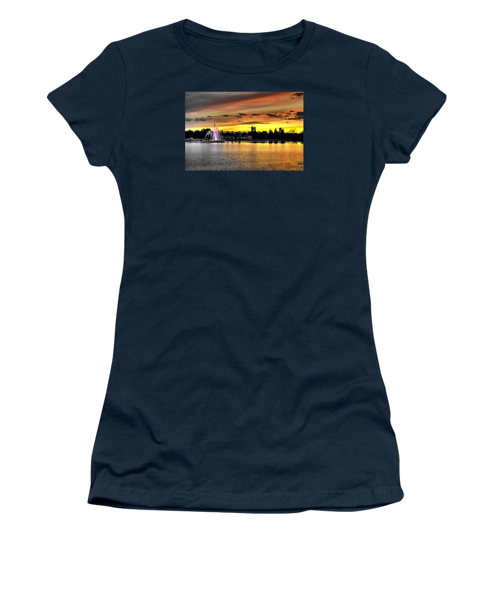 City Park Fountain Women's T-Shirt featuring the photograph City Park Fountain Sunset by Stephen Johnson