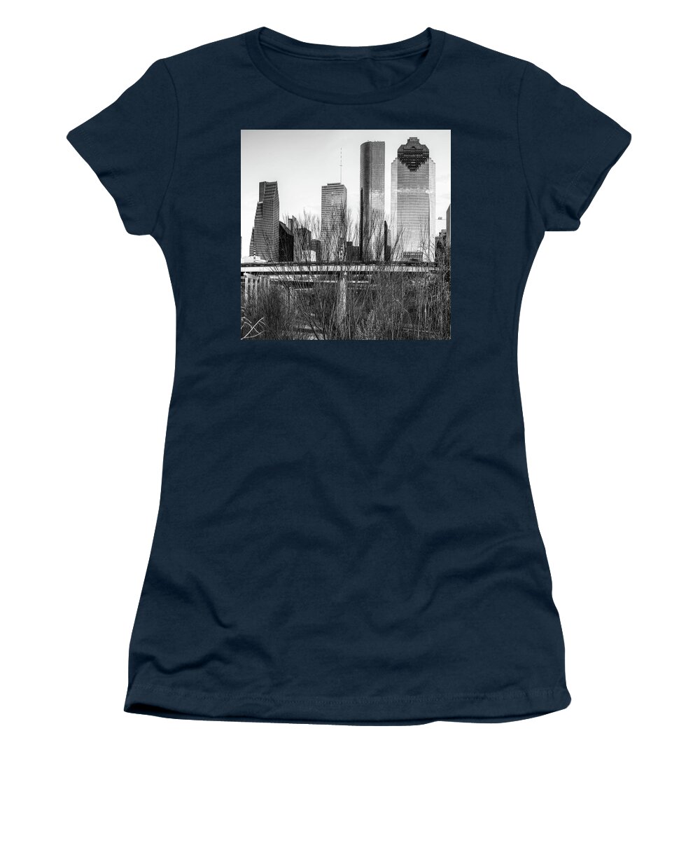 Houston Skyline Women's T-Shirt featuring the photograph City Skyline Downtown Houston in Black and White 1x1 by Gregory Ballos