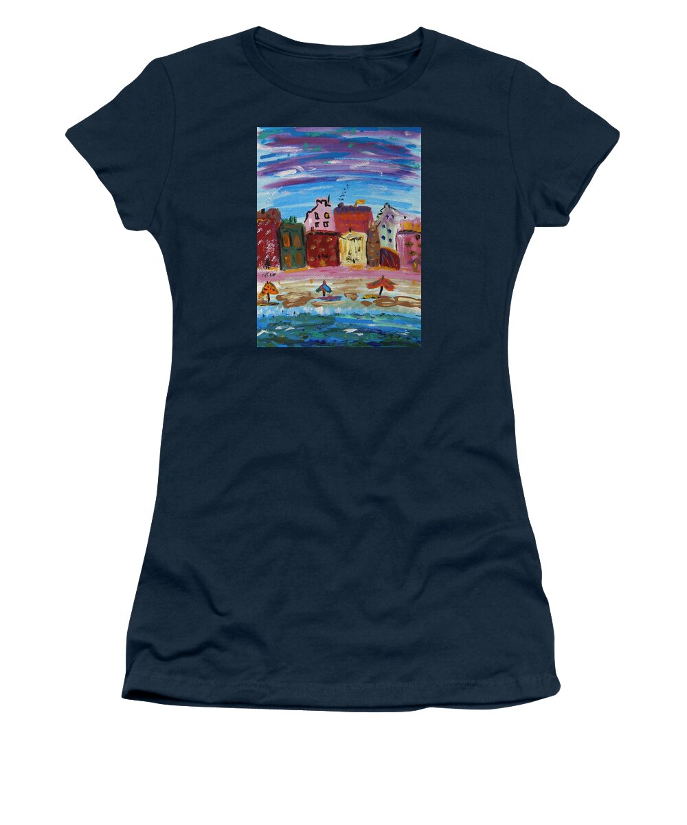 City Women's T-Shirt featuring the painting City with a Pink Boardwalk by Mary Carol Williams