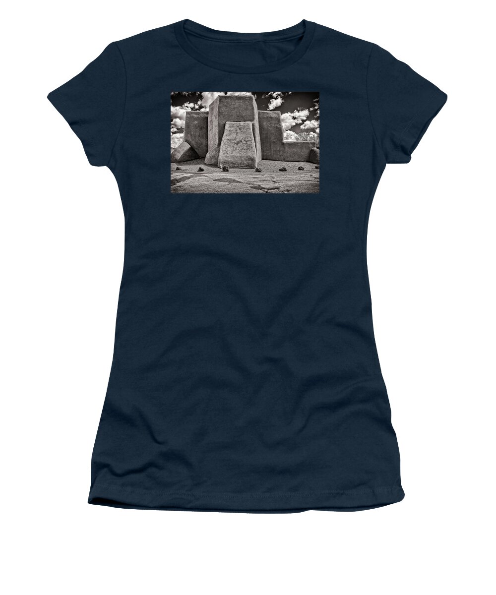  San Women's T-Shirt featuring the photograph Classic view of Ranchos church in B-W by Charles Muhle