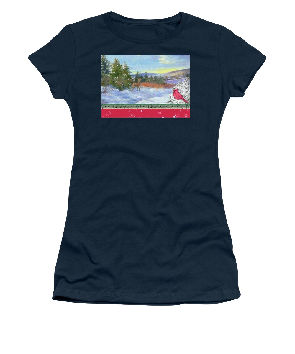 Snowscape Women's T-Shirt featuring the painting Classic Winterscape with cardinal and reindeer by Judith Cheng