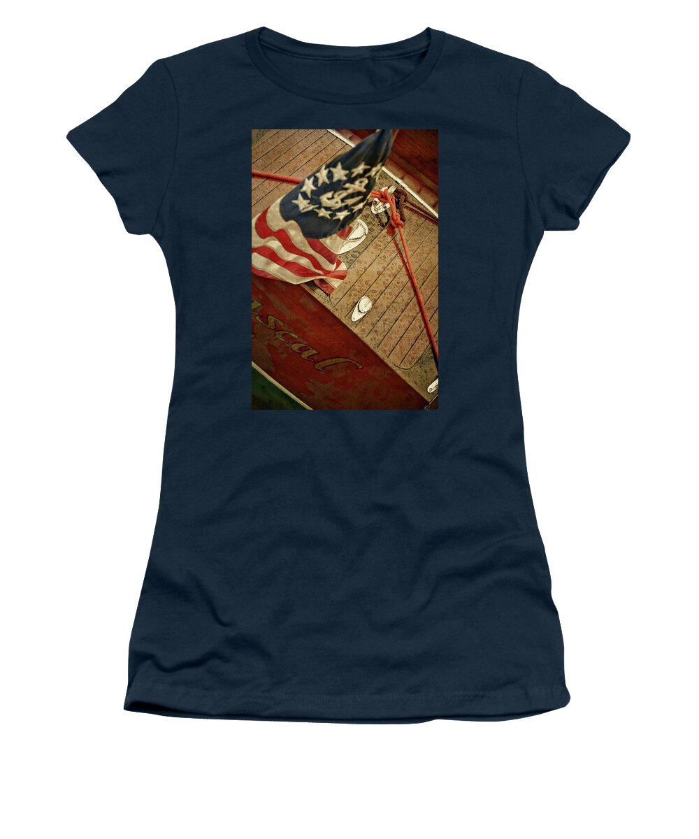 Chris Craft Women's T-Shirt featuring the photograph Classic Wooden Boat Stern with Flag by Michelle Calkins