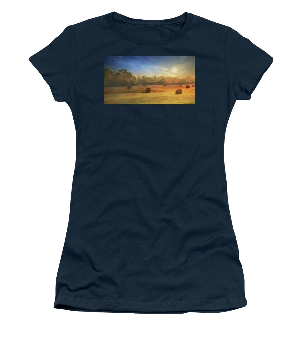 Field Women's T-Shirt featuring the photograph Clayton Morning Mist by Lori Deiter