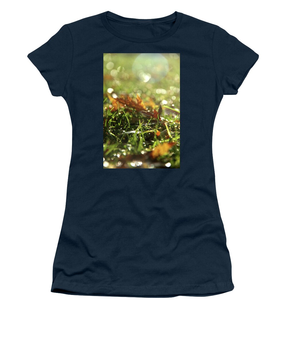 Dry Women's T-Shirt featuring the photograph Close-up of dry leaves on grass, in a sunny, humid autumn morning by Emanuel Tanjala