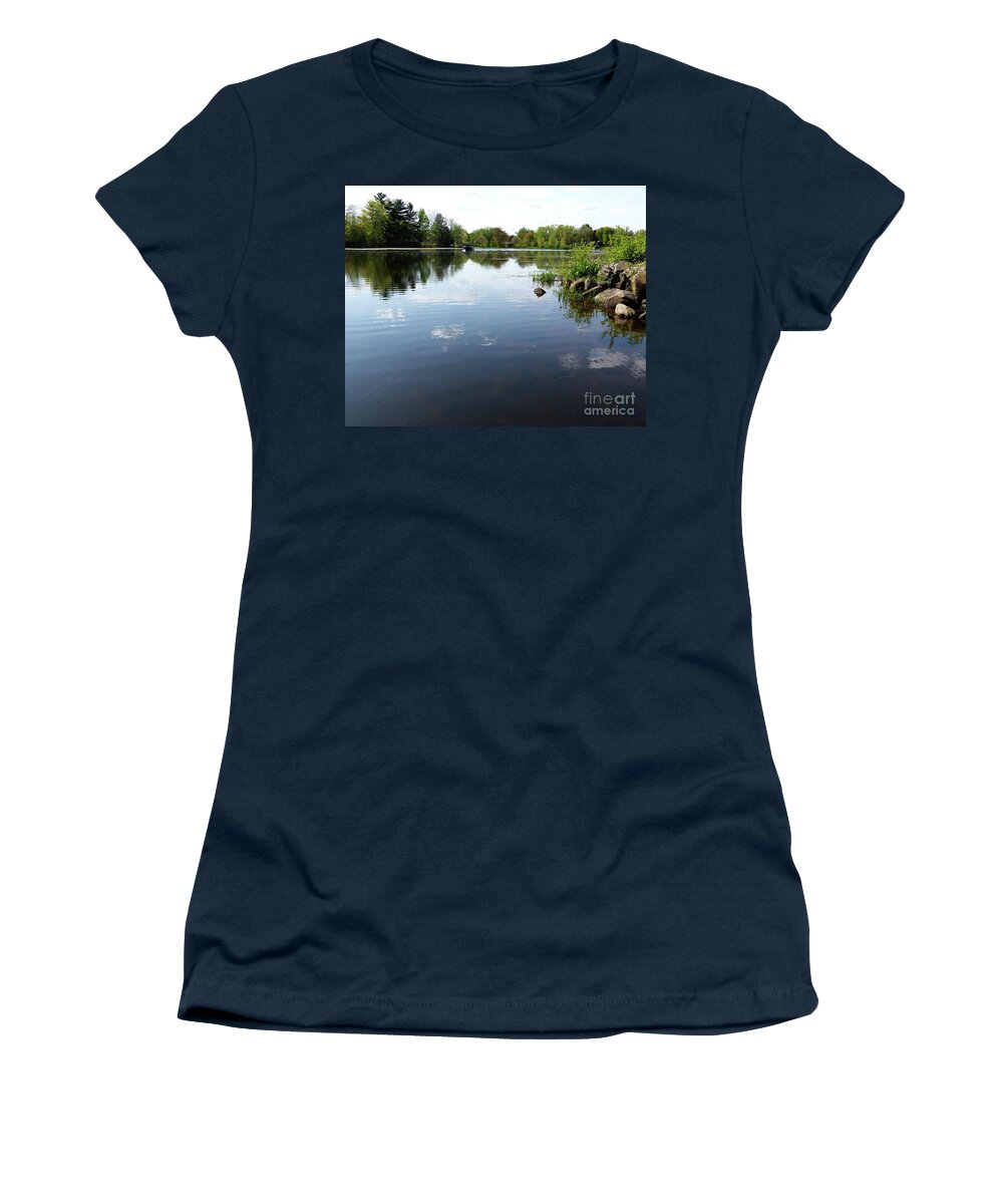Shawano Women's T-Shirt featuring the photograph Clouds and rocks in River by Paula Joy Welter