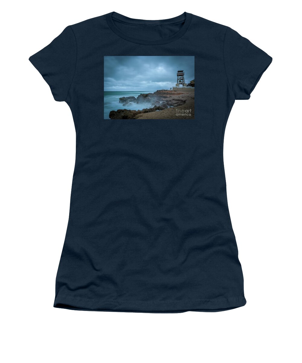 Clouds Women's T-Shirt featuring the photograph Clouds, Tower, Rocks and Waves by Tom Claud