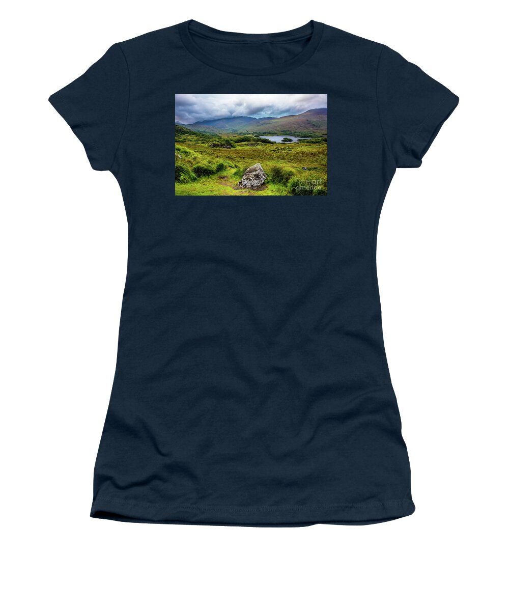 Ireland Women's T-Shirt featuring the photograph Cloudy Hills and Lake in Ireland by Andreas Berthold