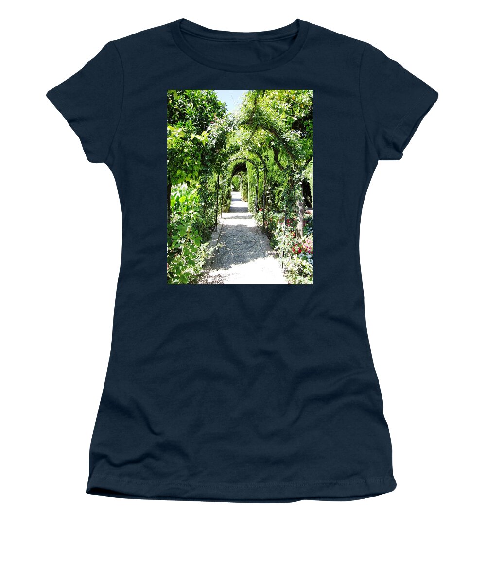 Granada Women's T-Shirt featuring the photograph Cobble Stone Garden Walkway in Spain by John Shiron