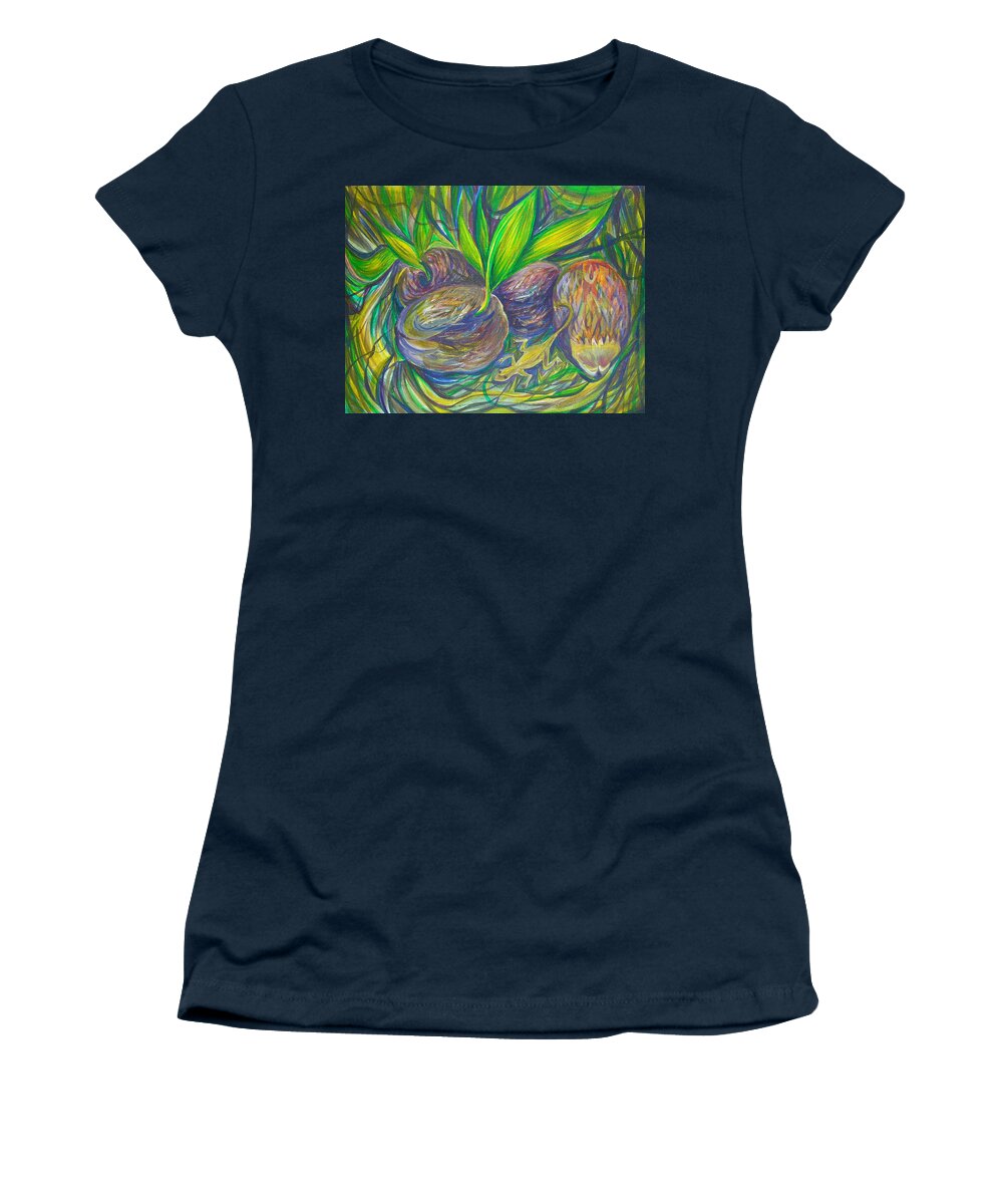 Still Life Composition With Gecko Women's T-Shirt featuring the painting Coconuts by Anna Duyunova