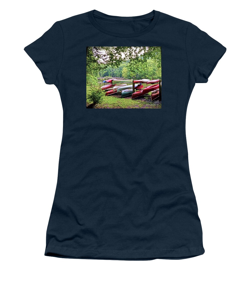Canoes Women's T-Shirt featuring the photograph Colorful Canoes at Hungry Mother State Park by Kerri Farley