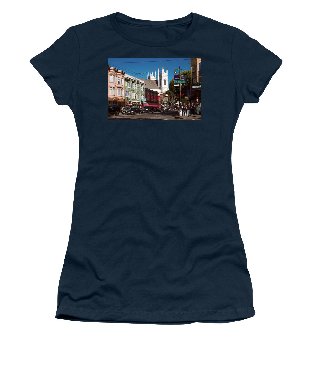 Bonnie Follett Women's T-Shirt featuring the photograph Columbus and Stockton in North Beach by Bonnie Follett