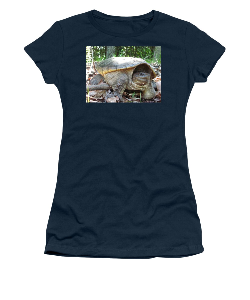 Common Snapping Turtle Images Common Snapping Turtle Photograph Prints Reptile Images Reptile Photograph Prints Nature Swamp Creature Wetland Ecosystem Biodiversity Freshwater Turtle Images Freshwater Predator Women's T-Shirt featuring the photograph Common Snapping Turtle by Joshua Bales