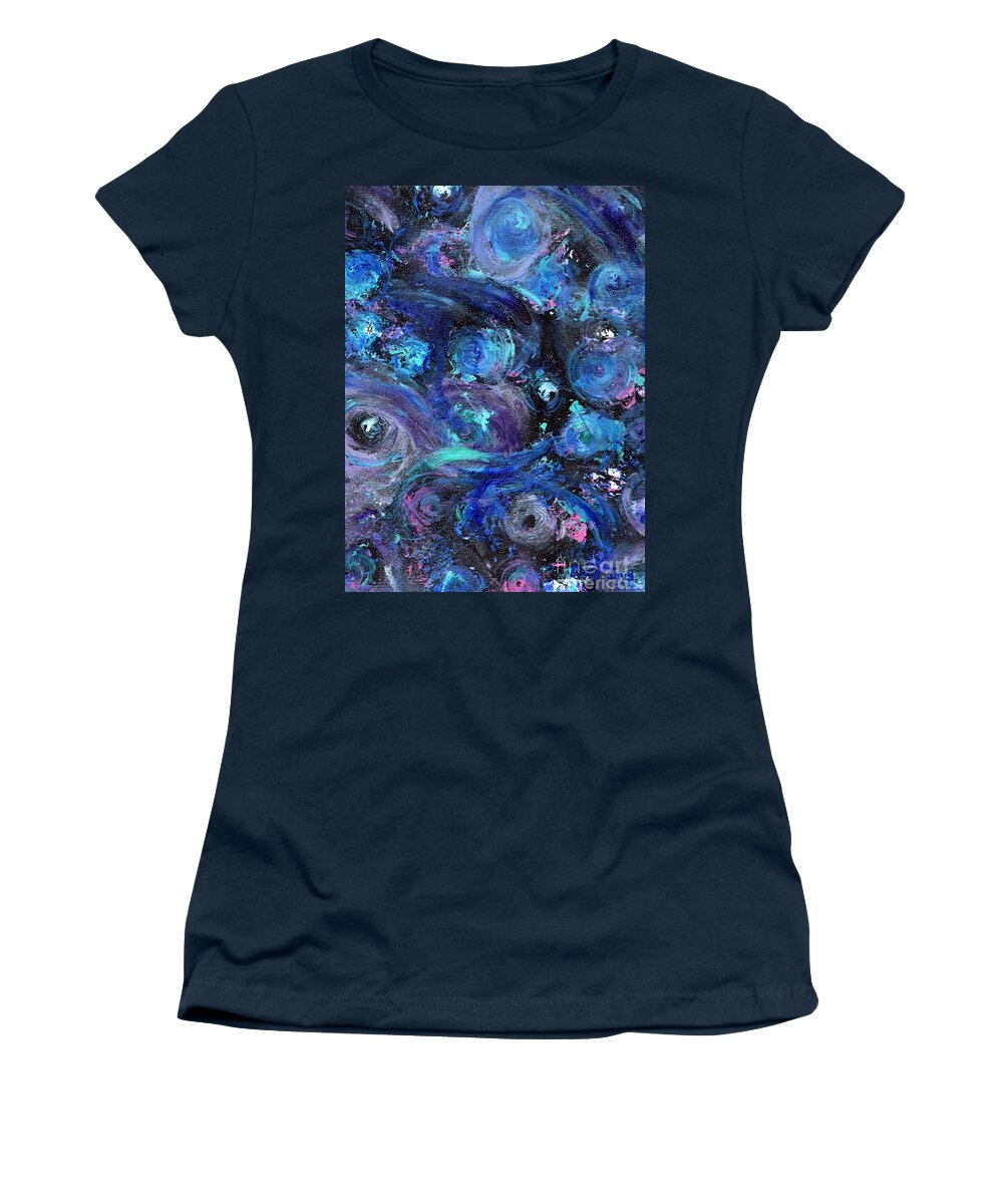Abstract Blue Black Purple Cosmic Women's T-Shirt featuring the painting Cosmic Activity 5 with blue name by Craig Imig
