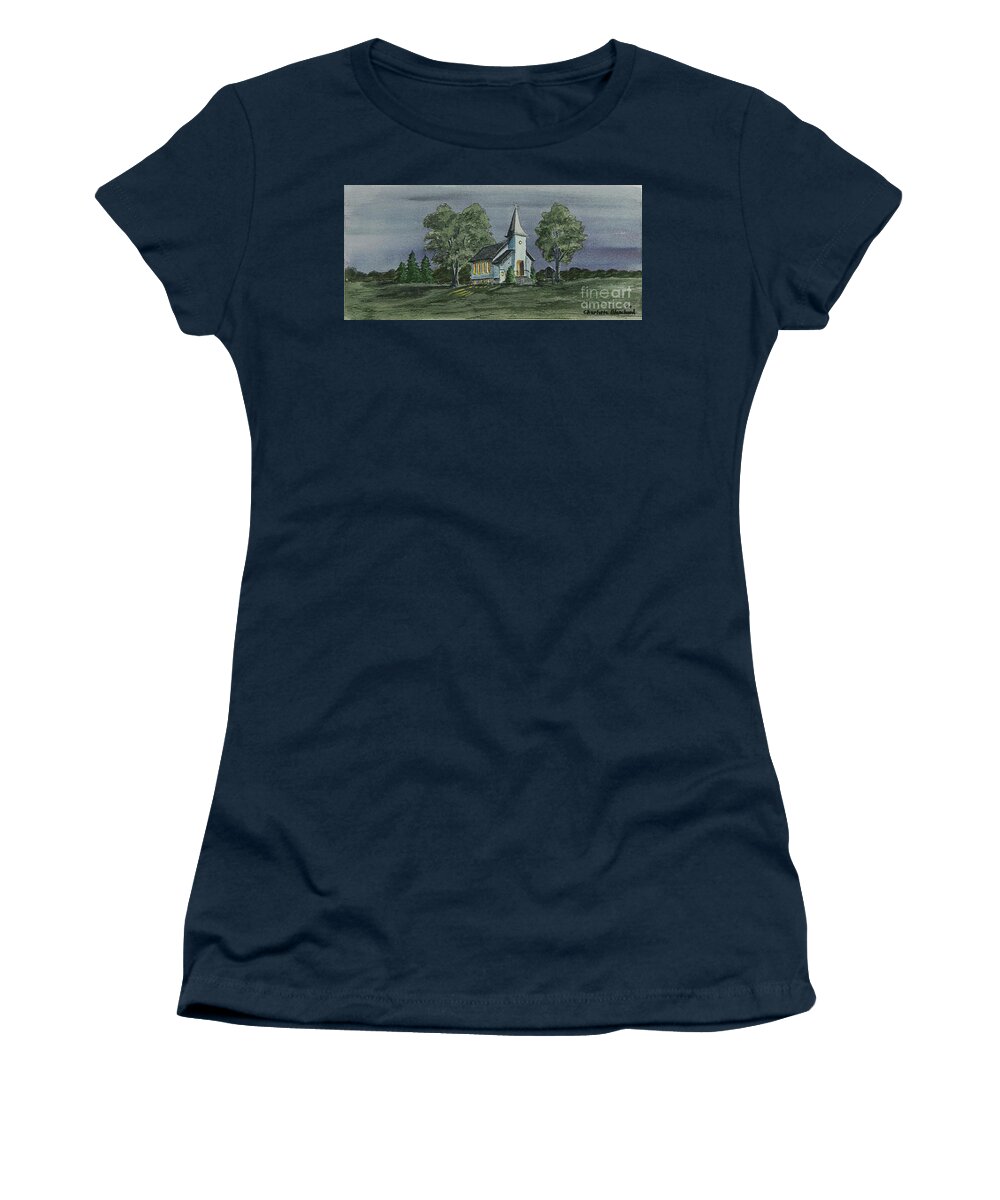 Country Church At Night Women's T-Shirt featuring the painting Country Church On A Summer Night by Charlotte Blanchard