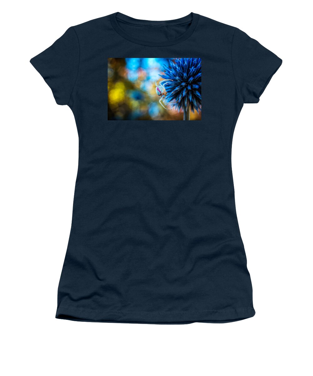 Spider On The Blue Flower Women's T-Shirt featuring the photograph Crab spider on blue flower by Lilia S