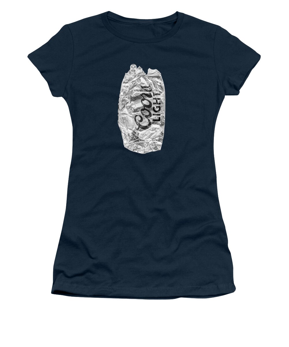 Black Women's T-Shirt featuring the photograph Crushed Light Silver Beer Can on Plywood 79 in BW by YoPedro