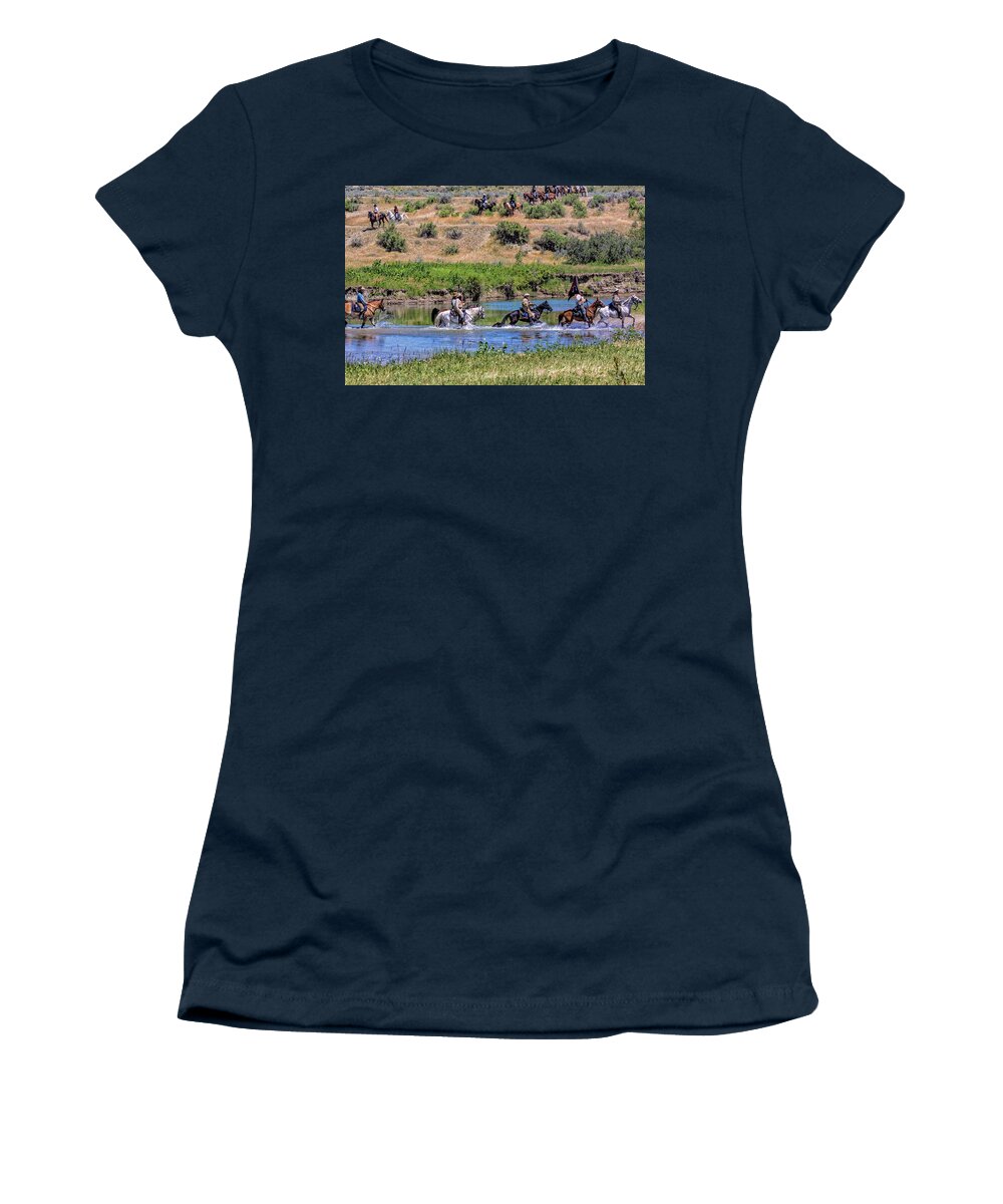 Little Bighorn Re-enactment Women's T-Shirt featuring the photograph Custer and His 7th Cavalry Troops by Donald Pash