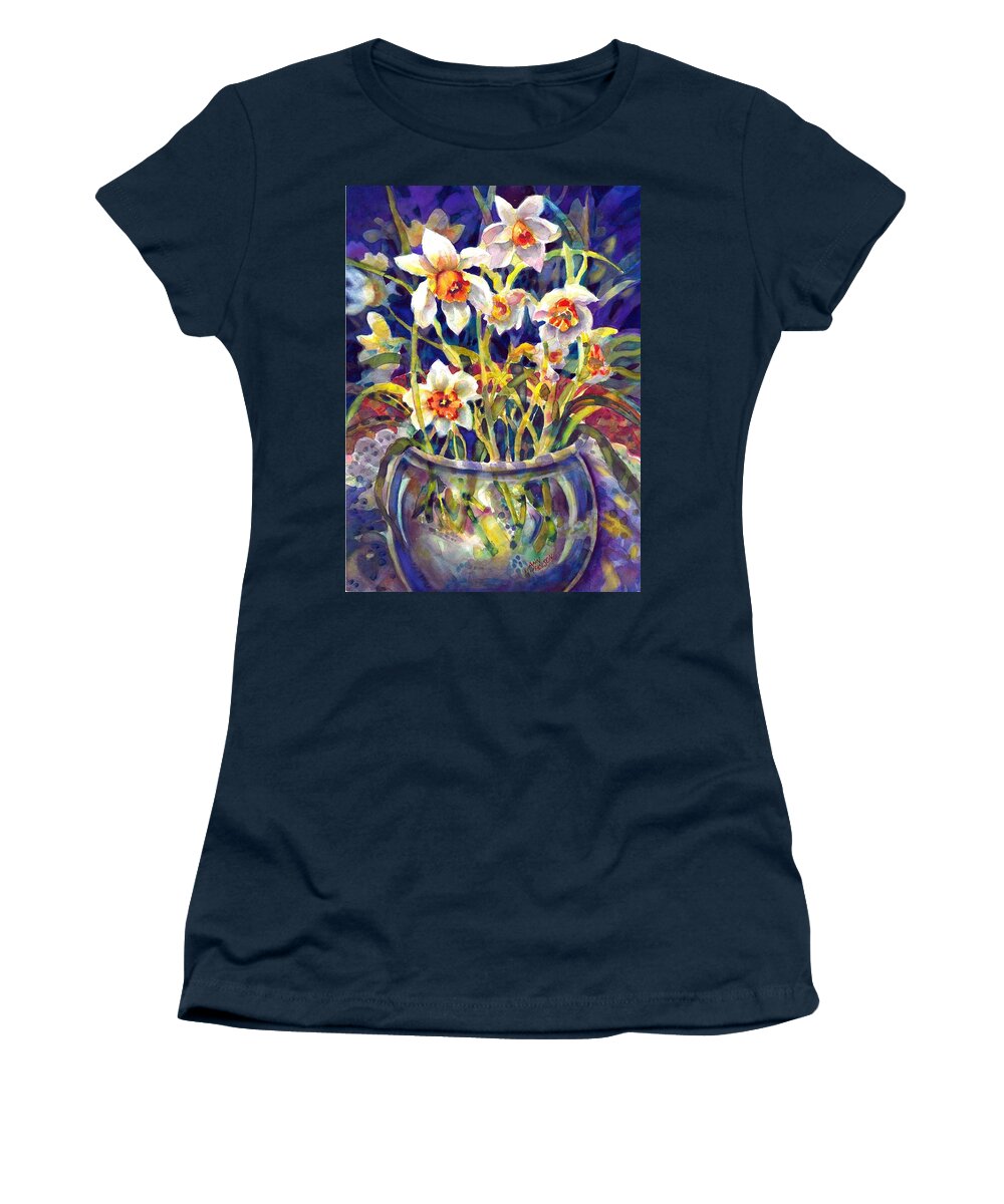 Painting Women's T-Shirt featuring the painting Daffodils and Lace by Ann Nicholson