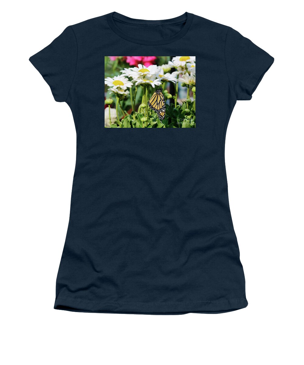 Daisy Flowers Photo Women's T-Shirt featuring the photograph Daisy Flowers and Butterfly Photo by Luana K Perez