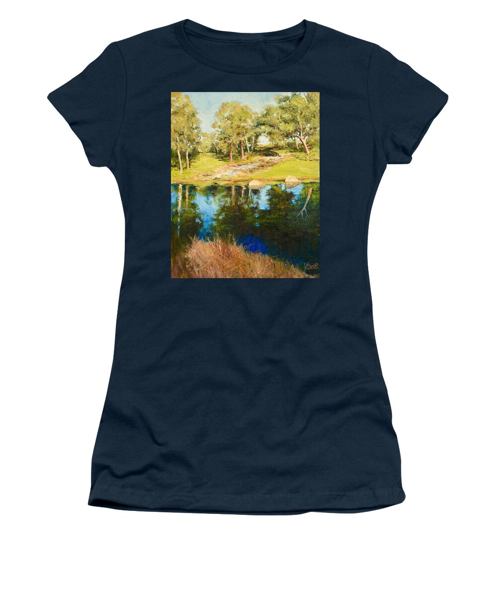 Pond Women's T-Shirt featuring the painting Darebin Waterfall by Dai Wynn