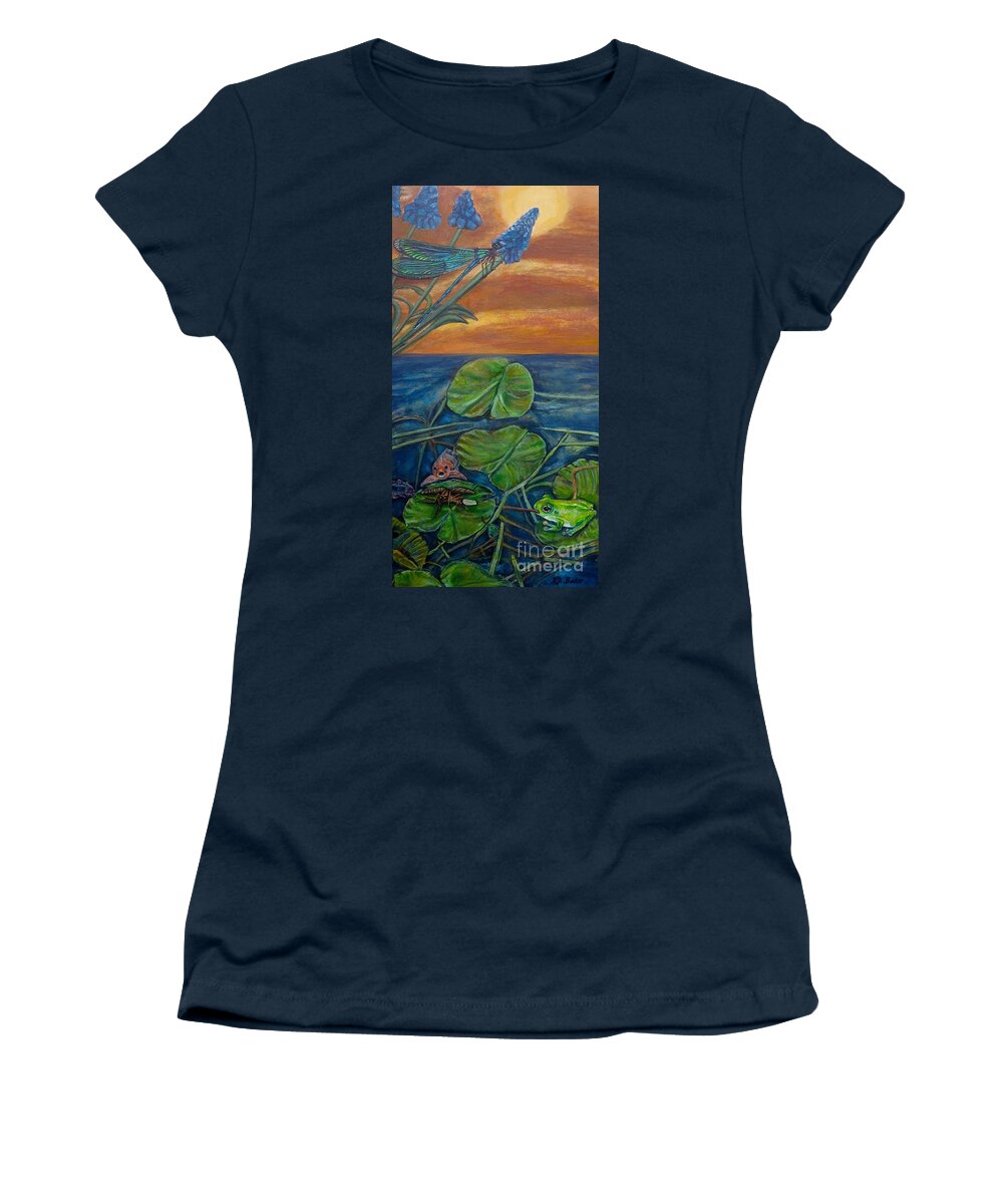 Nature Scene Ecology Environmental Message For Conservation For Earth Day Healthy Aquatic Water Environment Natural Predators Of Pests Like Mosquitos And Their Eggs Or Larvae Green Frog Koi Fish Blue Green Dragonfly Prussian Blue Grape Hyacinths Golden Orange Sunset Blue Green Water Waterlilies Grass Reeds Acrylic Painting Women's T-Shirt featuring the painting Day of Judgment Revised by Kimberlee Baxter