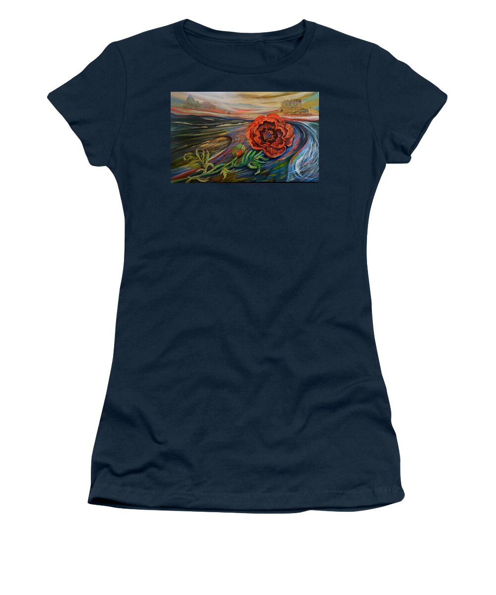 Landscape Of Poppies And Mountains Women's T-Shirt featuring the painting Day of the Poppy by Jan VonBokel