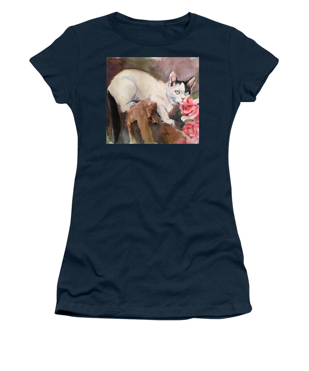 Cat Women's T-Shirt featuring the painting Deano in the roses by Mimi Boothby