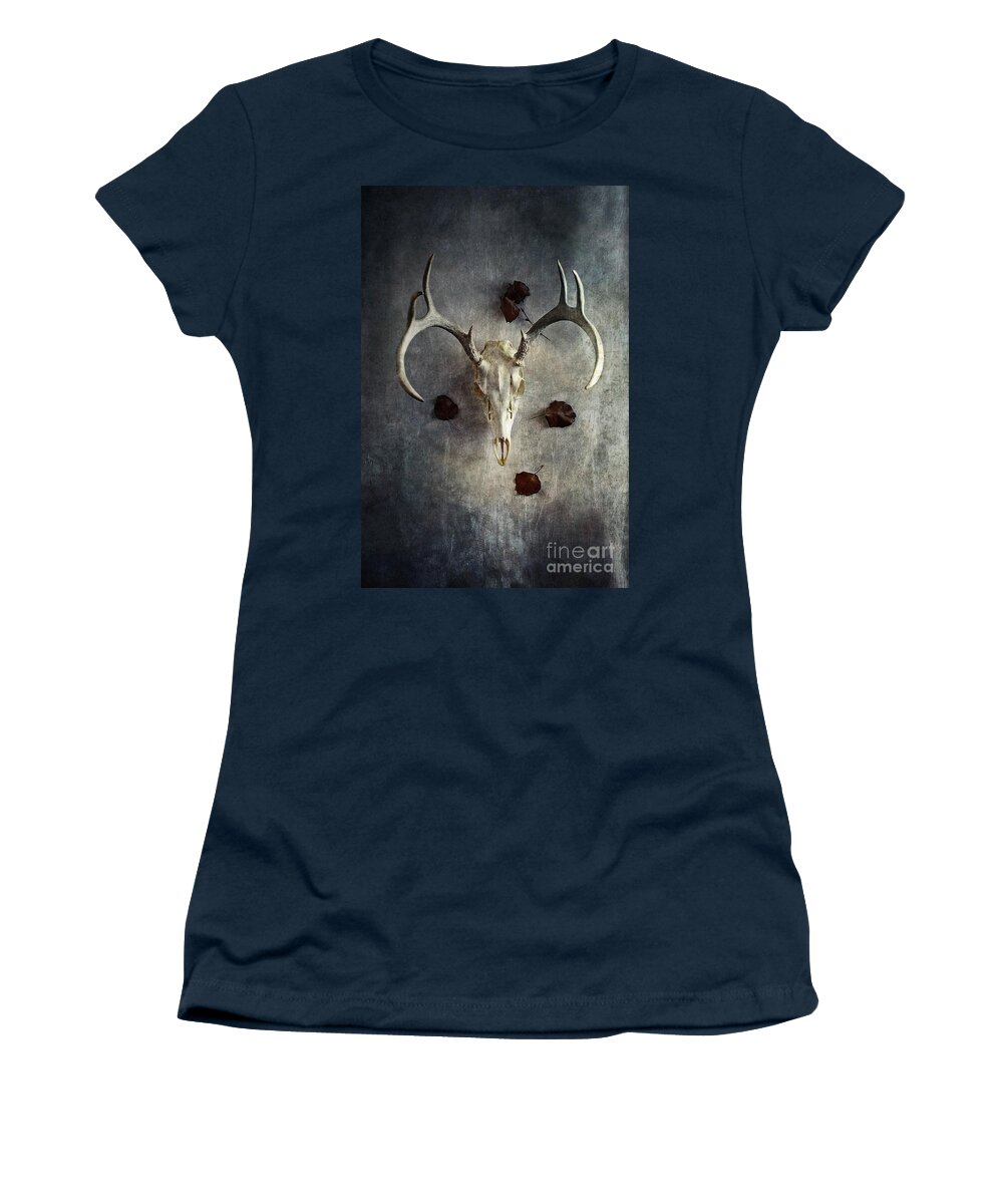 Deer Women's T-Shirt featuring the photograph Deer Buck Skull with Fallen Leaves by Stephanie Frey