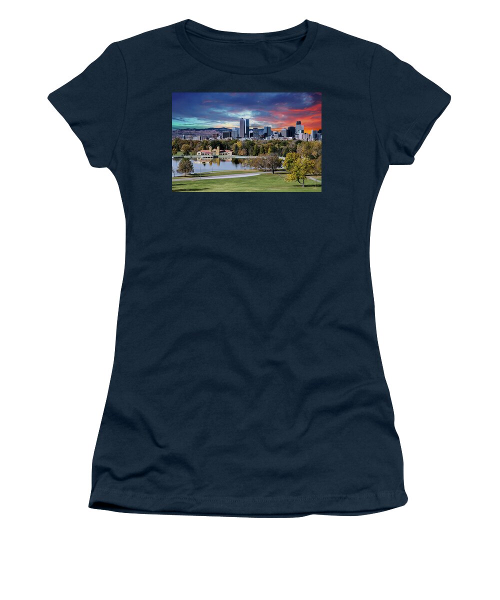Denver Women's T-Shirt featuring the photograph Denver Skyline and Mountains Beyond Lake by Darryl Brooks
