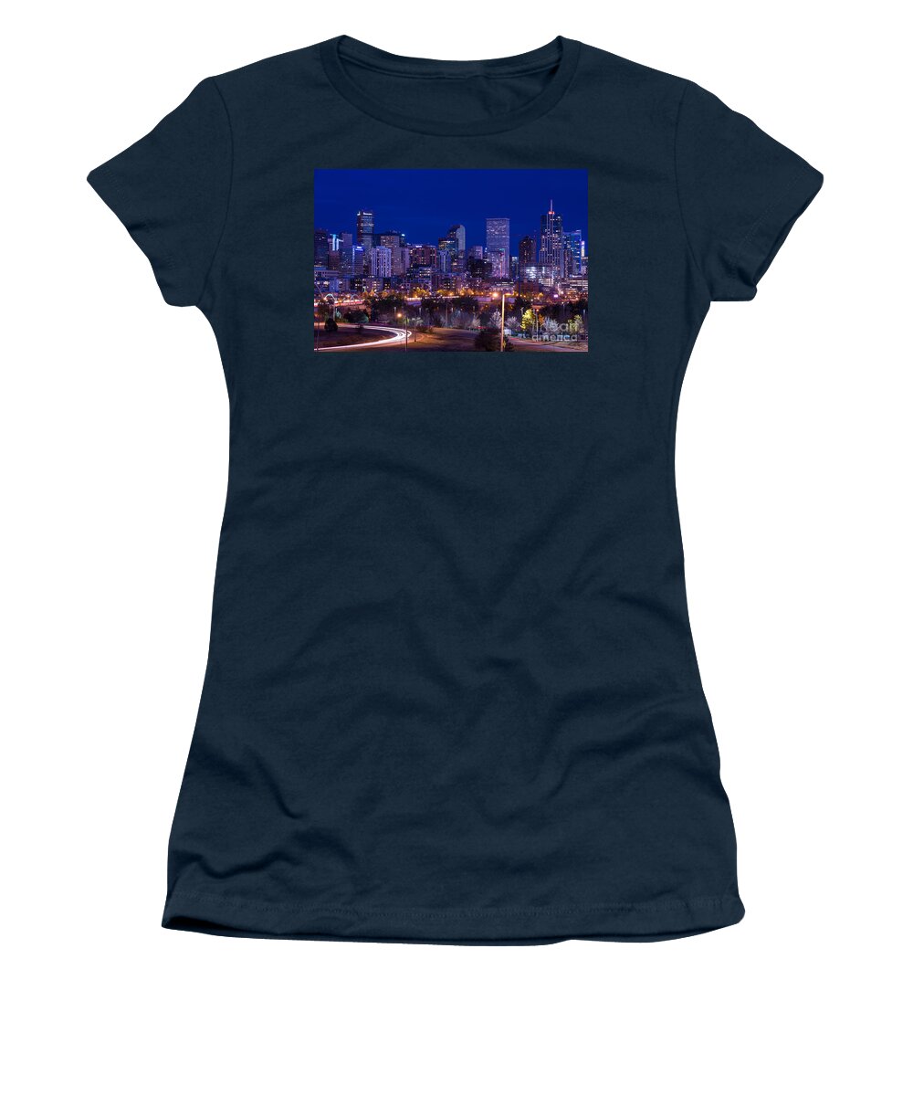 Denver Women's T-Shirt featuring the photograph Denver Skyline at Night - Colorado by Gary Whitton