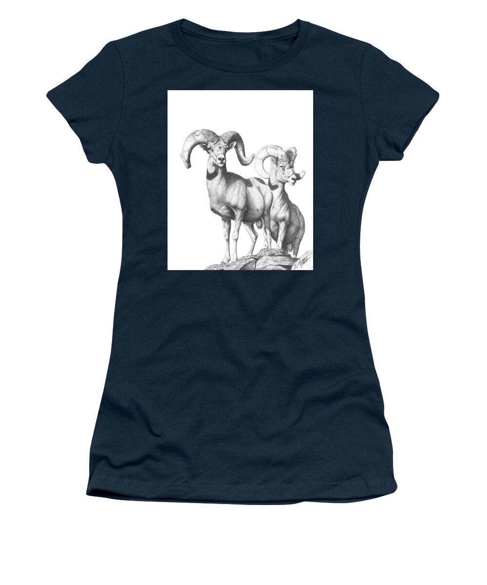 Desert Bighorn Rams Women's T-Shirt featuring the drawing Desert Sentinels by Darcy Tate