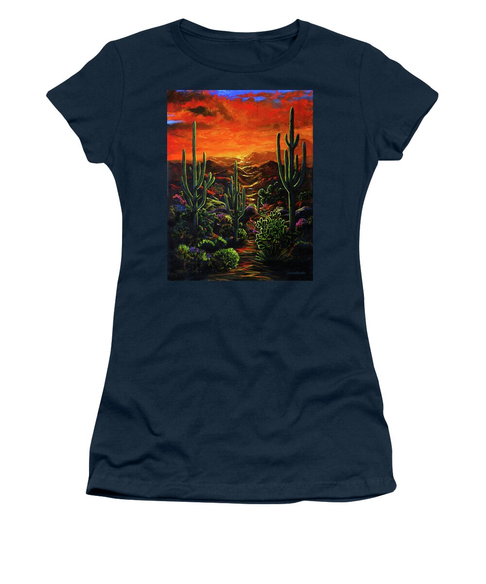 Sunset Women's T-Shirt featuring the painting Desert Sunset by Lance Headlee