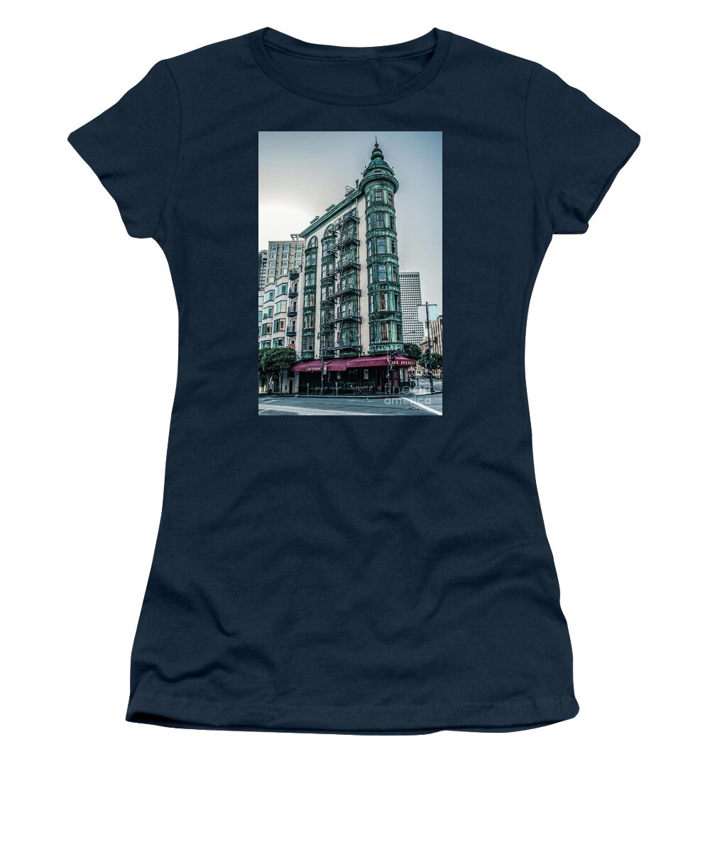 Buildings Women's T-Shirt featuring the photograph Dez 2016. San Francisco, USA - Old copper-green Columbus tower o by Amanda Mohler