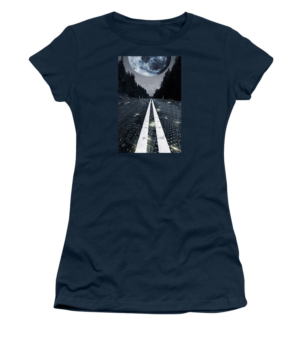 Moon Women's T-Shirt featuring the photograph Digital Highway And A Full Moon by Christian Lagereek