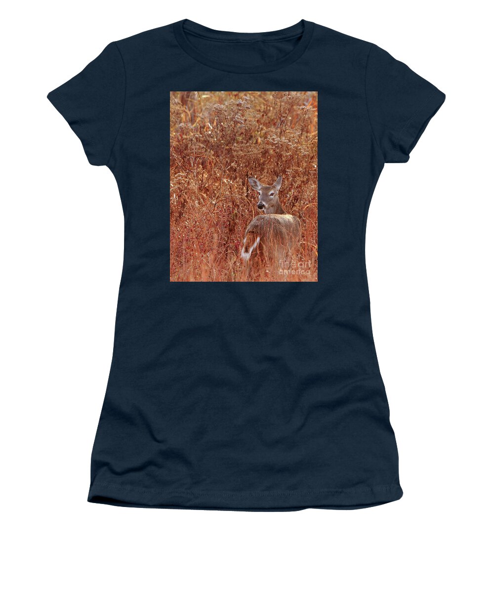 Wildlife Women's T-Shirt featuring the photograph Doe In Red Grass by Robert Frederick