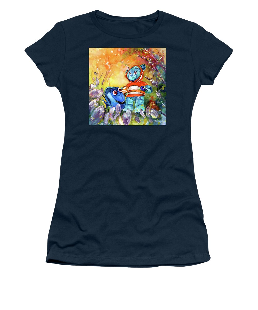 Truffle Mcfurry Women's T-Shirt featuring the painting Dory The Fish And The Teddy Bear by Miki De Goodaboom