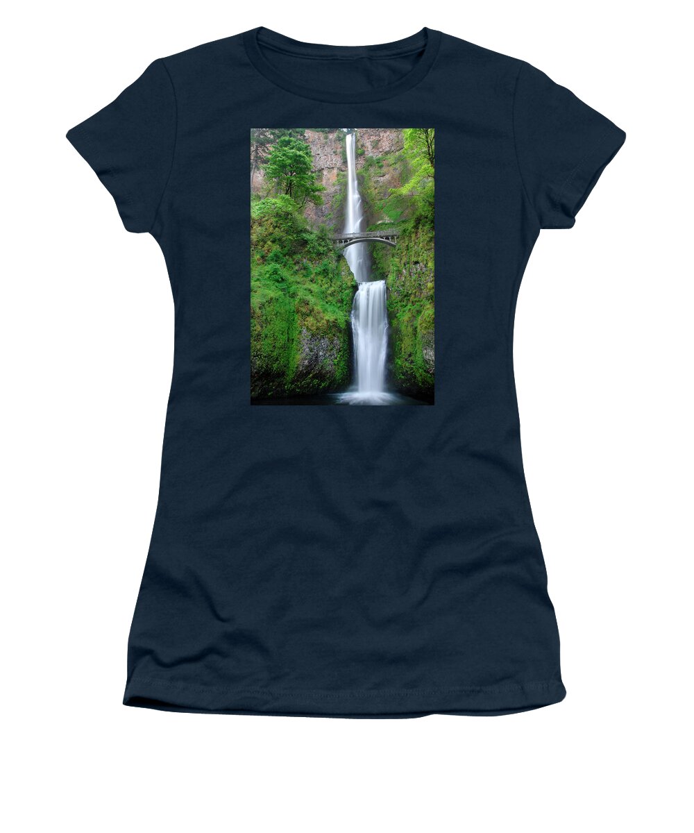Multnomah Women's T-Shirt featuring the photograph Double Falls w/Bridge by Ted Keller