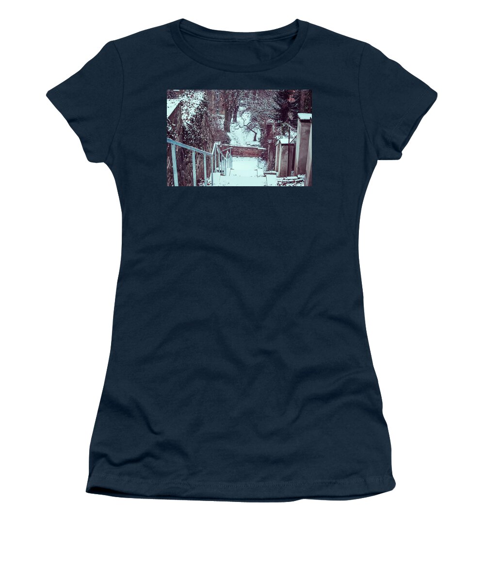 Jenny Rainbow Fine Art Photography Women's T-Shirt featuring the photograph Down by Snowy Old Stairs by Jenny Rainbow