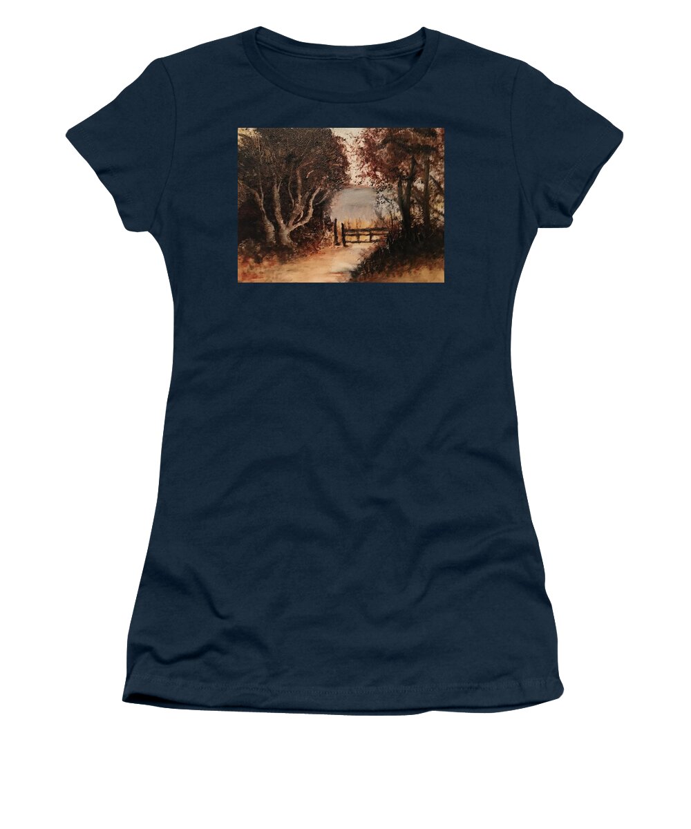 Path Women's T-Shirt featuring the painting Down the Path by Sharon Schultz