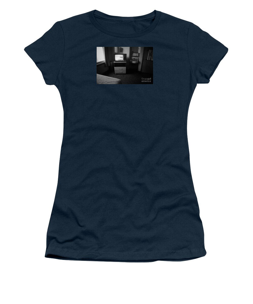 Nightmarish Women's T-Shirt featuring the photograph Downtown Hotel room at mid day with tv by Jim Corwin