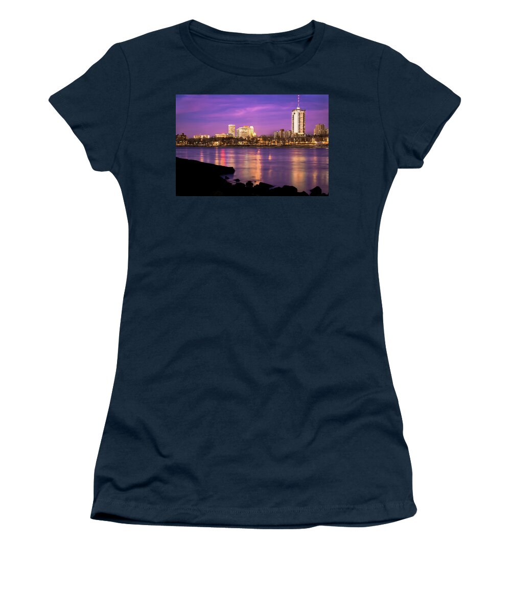 America Women's T-Shirt featuring the photograph Downtown Tulsa Oklahoma - University Tower View - Purple Skies by Gregory Ballos