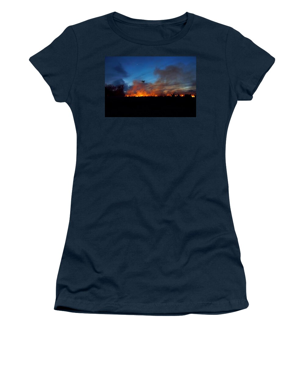 Flint Hills Burn Women's T-Shirt featuring the photograph Drone and Flinthills Burn by Alan Hutchins
