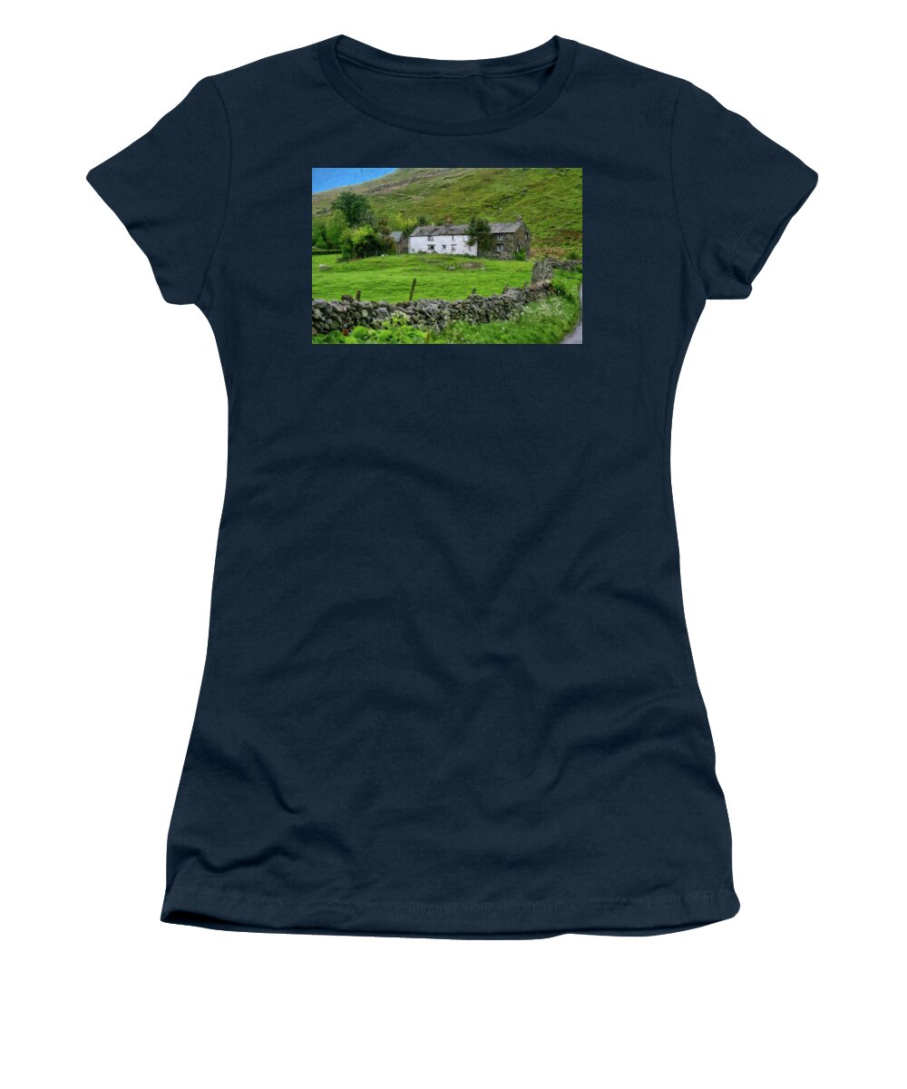 Landscape Women's T-Shirt featuring the painting Dry Stone Wall and White Cottage - DWP416022 by Dean Wittle