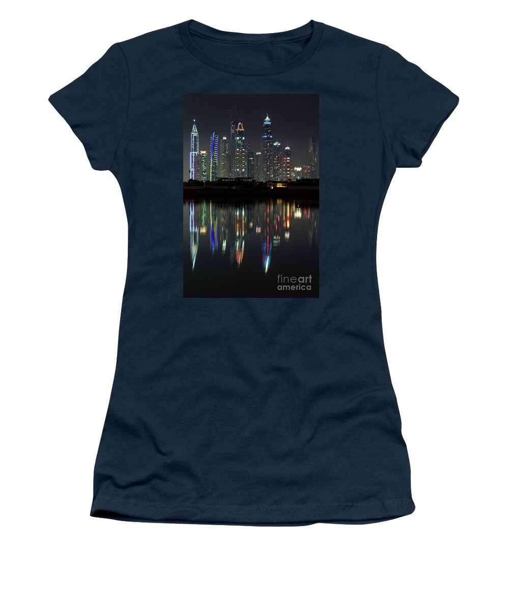 Dubai Women's T-Shirt featuring the photograph Dubai city skyline nighttime by Andy Myatt