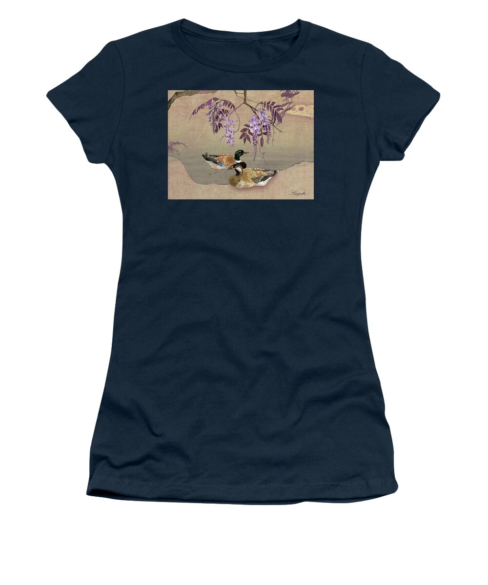 Duck Women's T-Shirt featuring the digital art Ducks Under Wisteria Tree by M Spadecaller