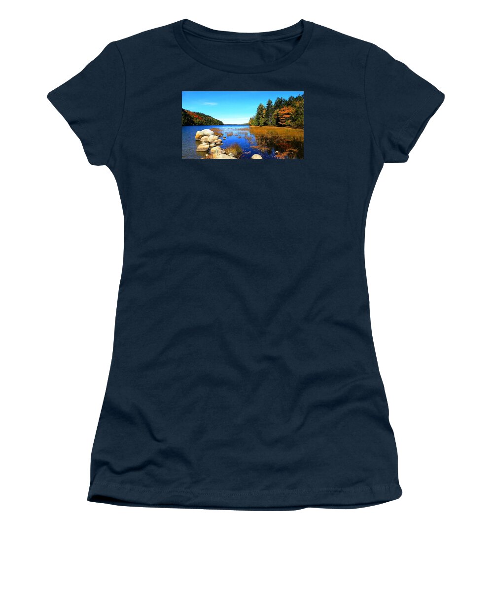 Echo Lake-acadia National Park Women's T-Shirt featuring the photograph Echo Lake-Acadia National Park by Mike Breau