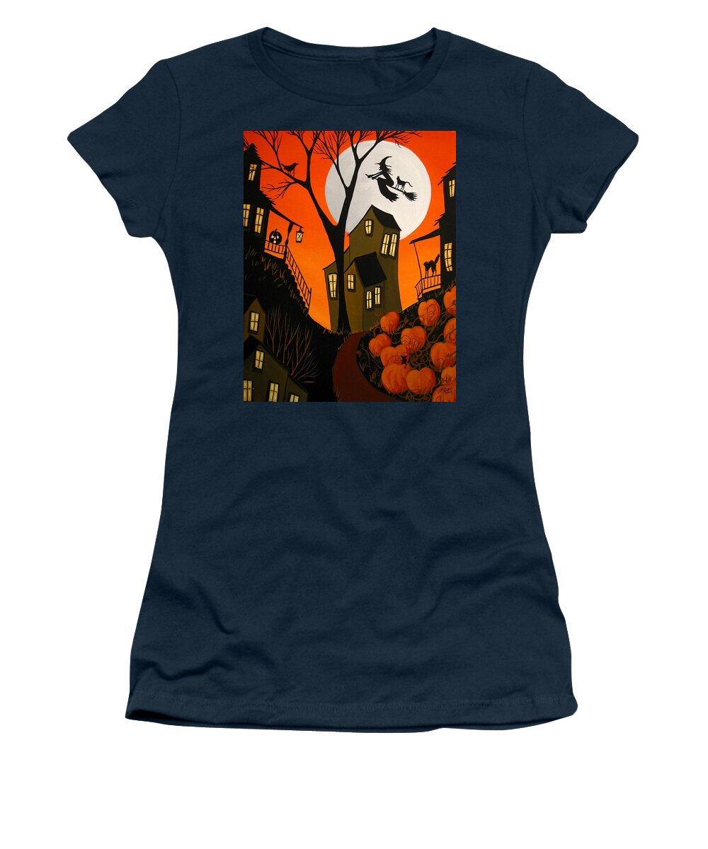 Art Women's T-Shirt featuring the painting Eerie Evening - Halloween witch art by Debbie Criswell