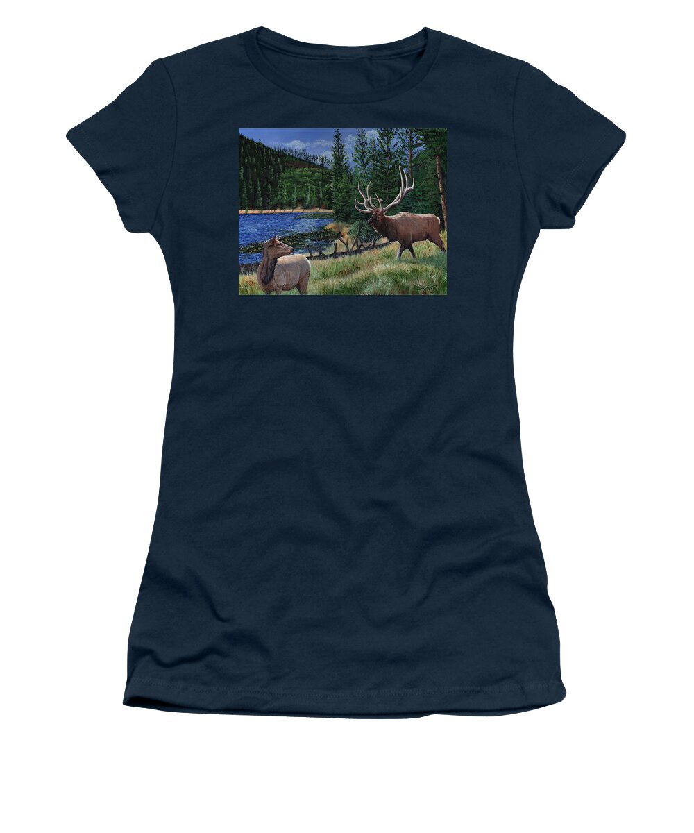 Tim Gordon Women's T-Shirt featuring the painting Elk at Beaver Lake Yellowstone by Timithy L Gordon