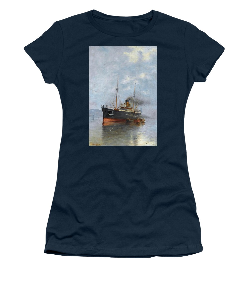 Vasilios Chatzis Women's T-Shirt featuring the painting Embraking the Steamship by Vasilios Chatzis