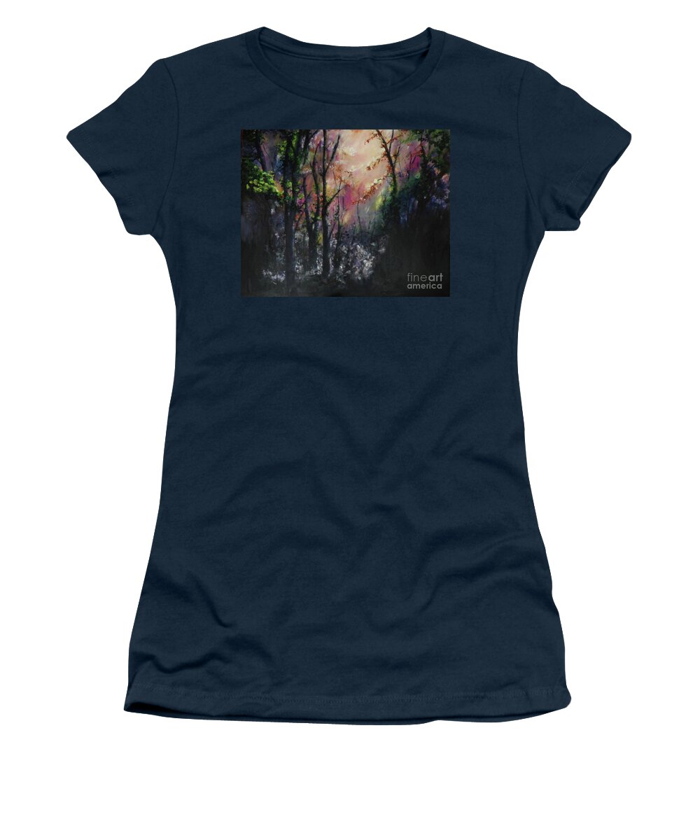 Woodland Women's T-Shirt featuring the painting Enchanted woodlands by Lizzy Forrester
